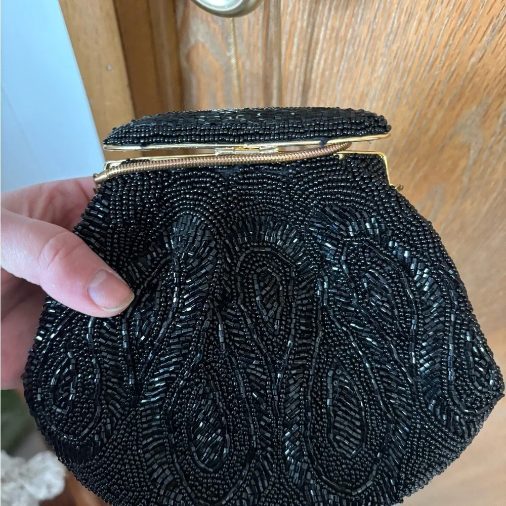 Black Beaded Vintage Evening Clutch with Gold Accents